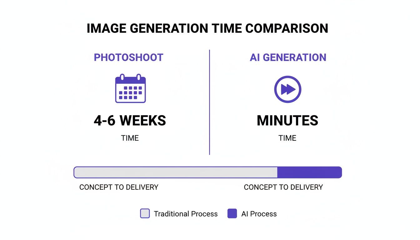 Infographic comparing photoshoot and AI image generation time, showing AI is significantly faster from concept to delivery.