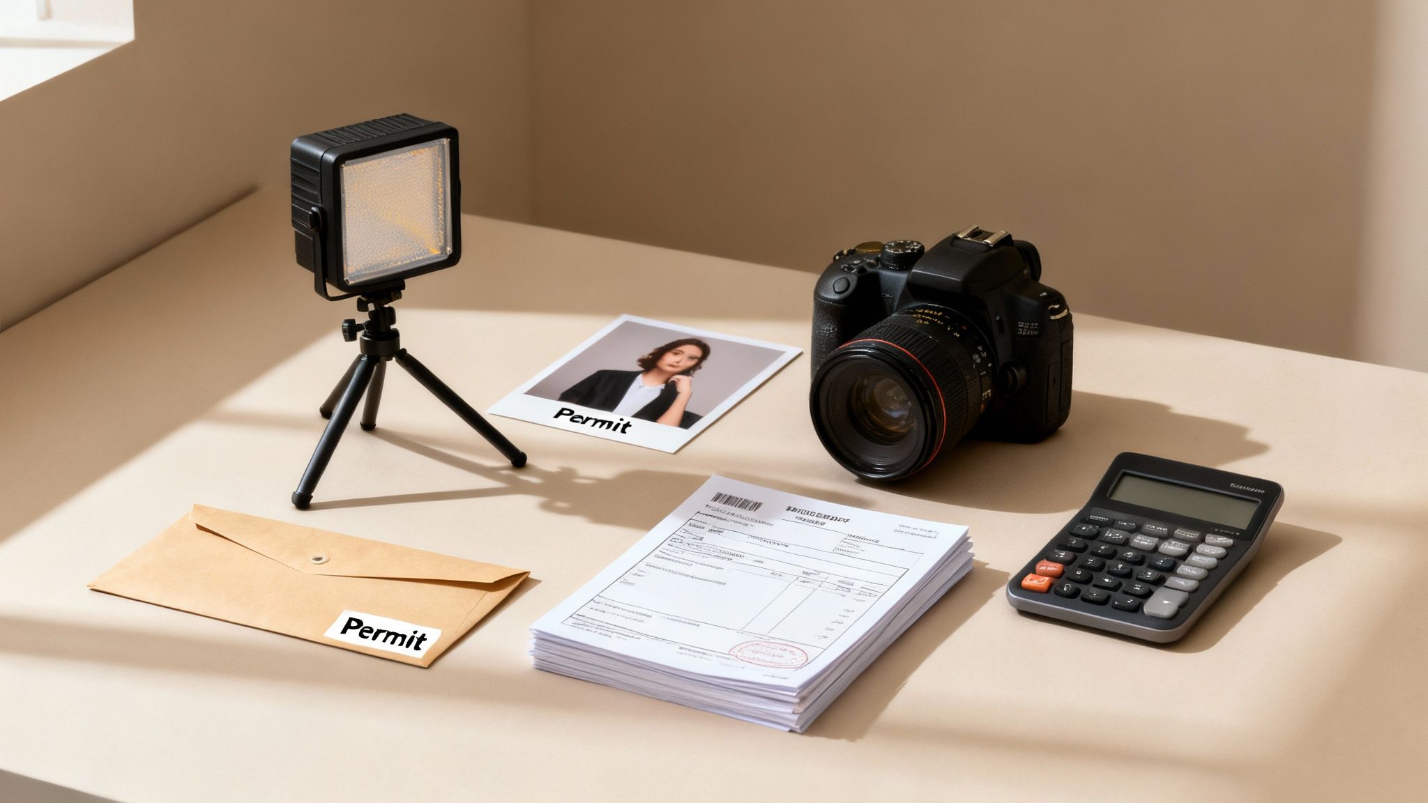 A camera, LED light, permit photo, documents, calculator, and envelope on a beige table.