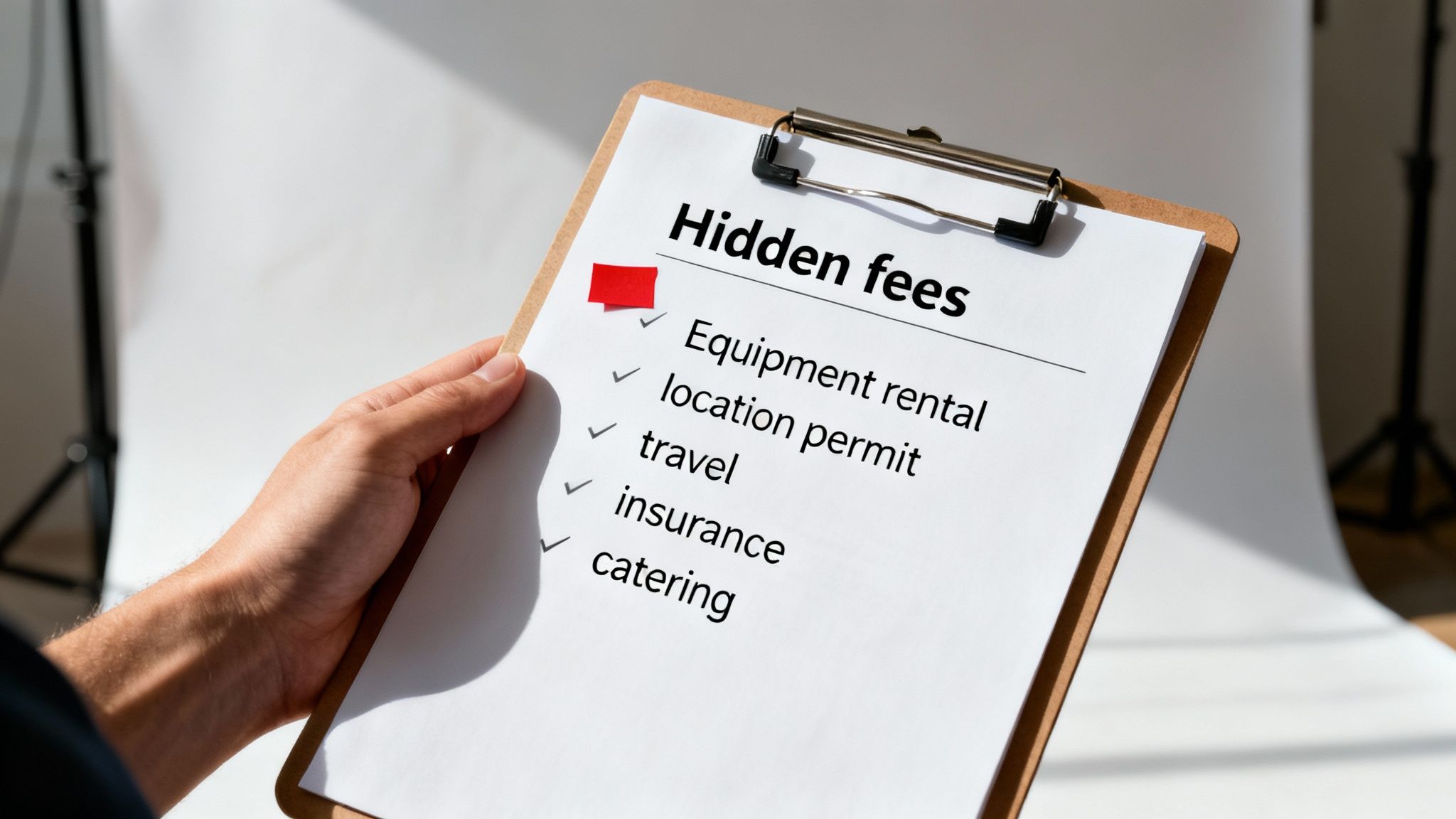 A hand holds a clipboard with a checklist titled 'Hidden fees' and various expenses.