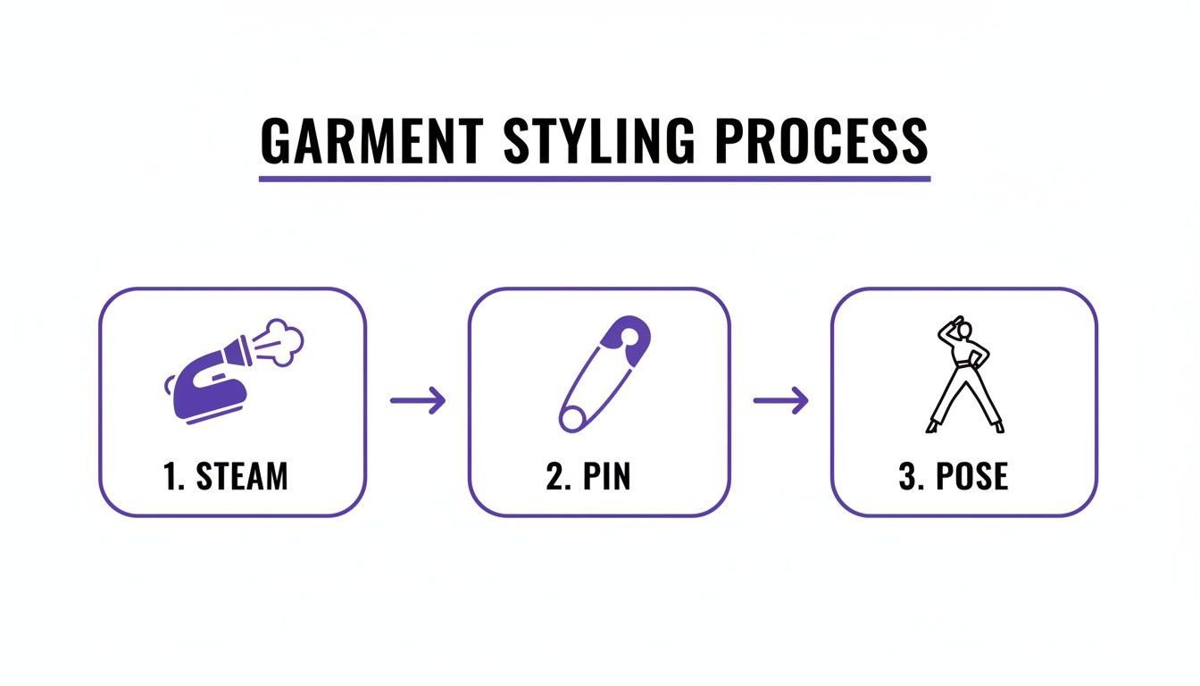 Infographic detailing the garment styling process: 1. Steam, 2. Pin, 3. Pose with icons.