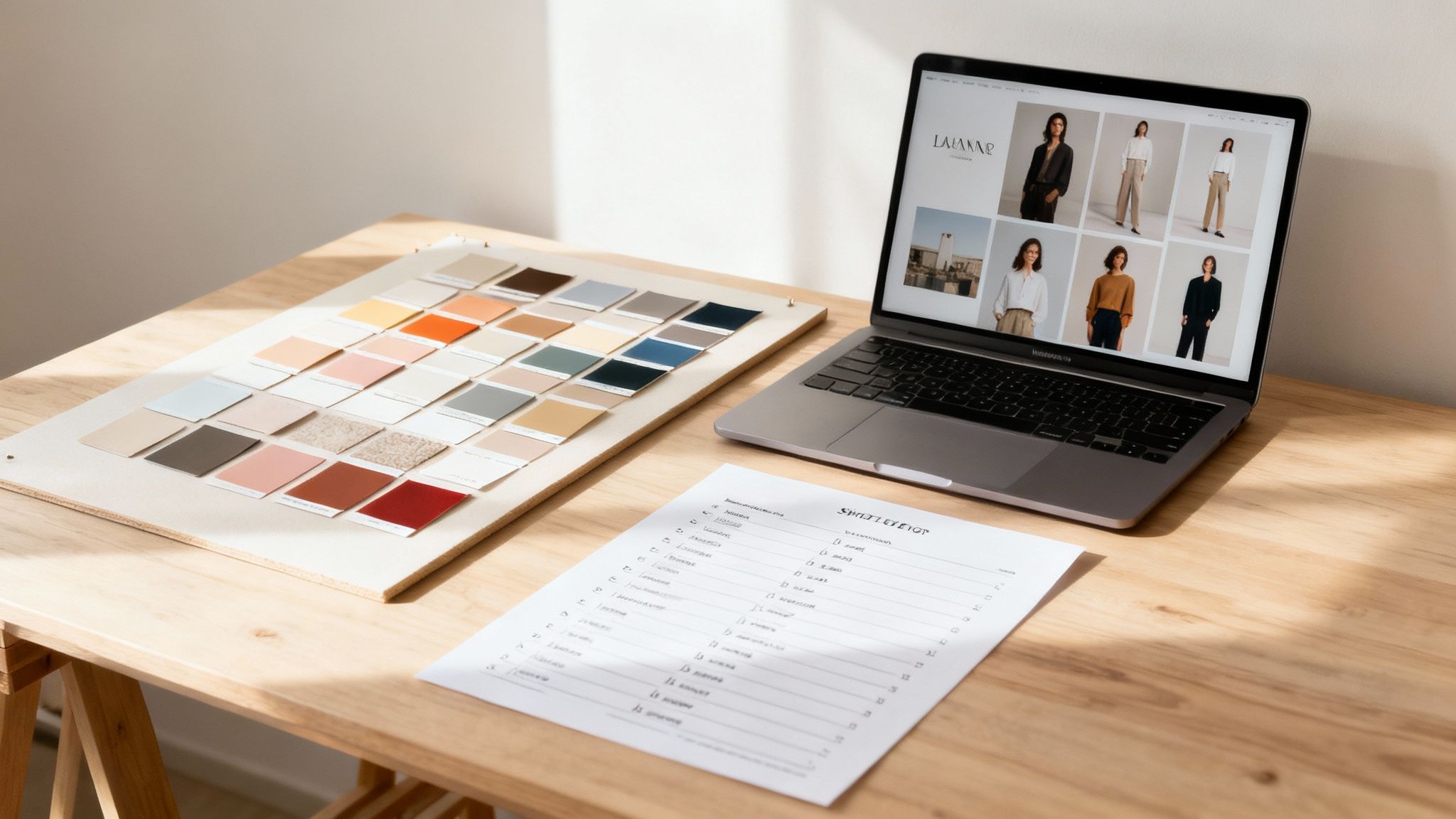 A creative workspace with a laptop showing a fashion website, a color palette, and a document.