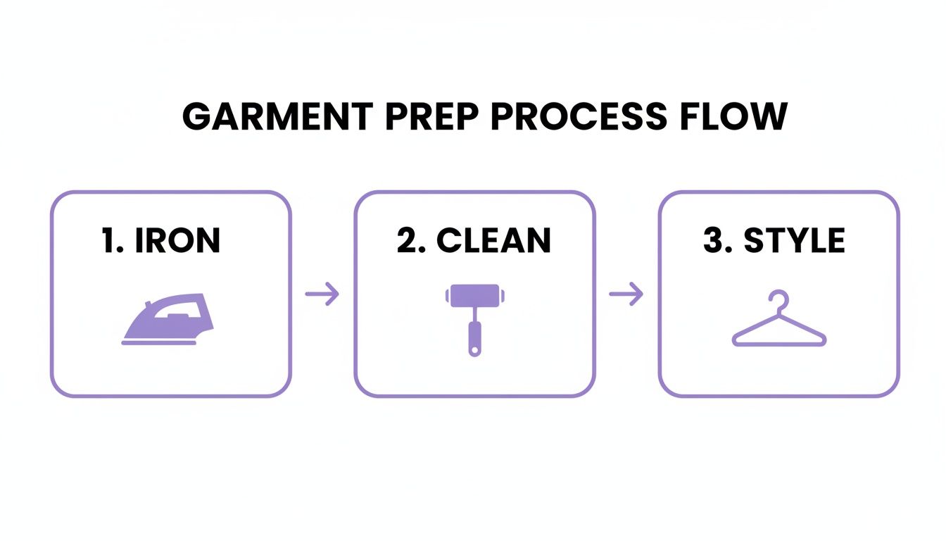 A three-step infographic showing the garment preparation process: ironing, cleaning, and styling.