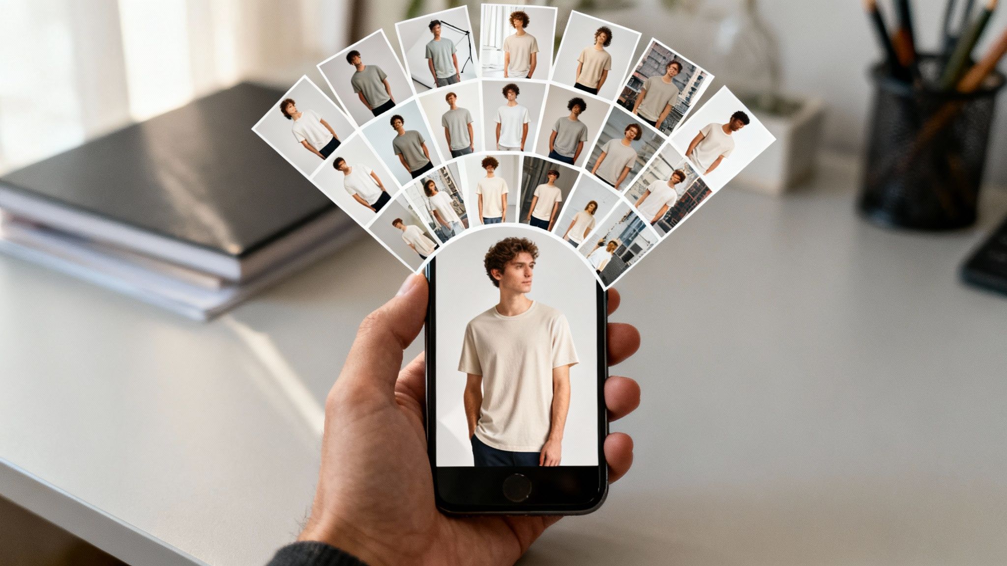 Hand holding smartphone displaying a main product photo with many model shots fanning out.