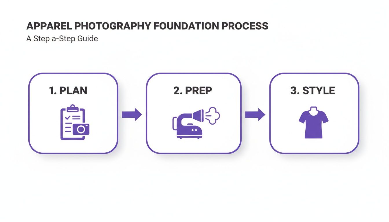 A three-step guide for apparel photography showing planning, preparation with a steamer, and styling.