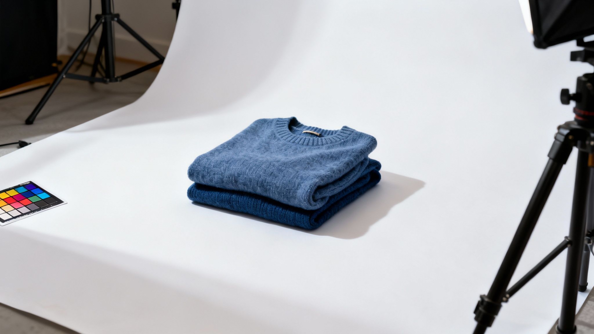 Two folded blue sweaters, one light blue and one dark blue, on a white studio backdrop.
