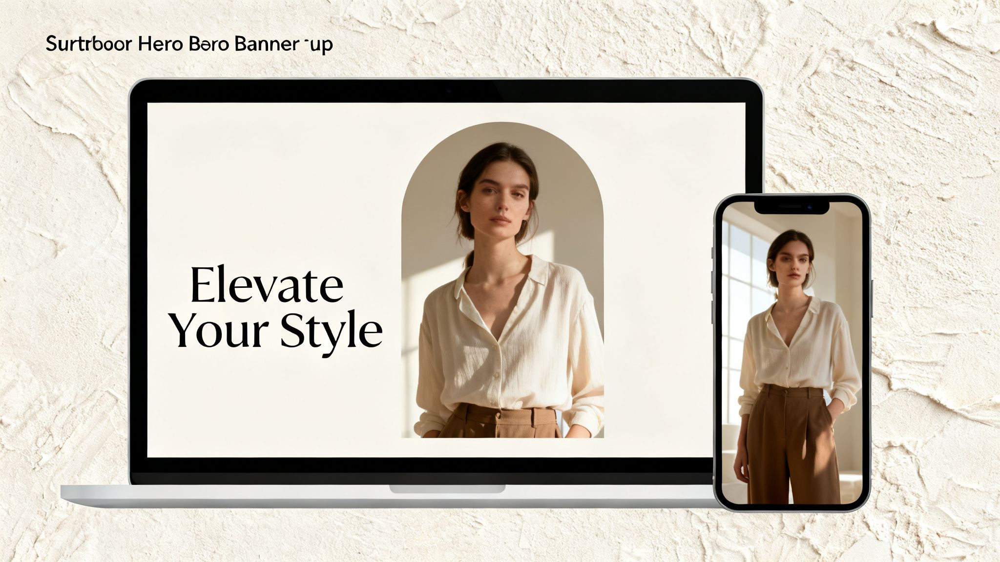 Stylish woman in a cream shirt and brown pants featured on laptop and phone screens.