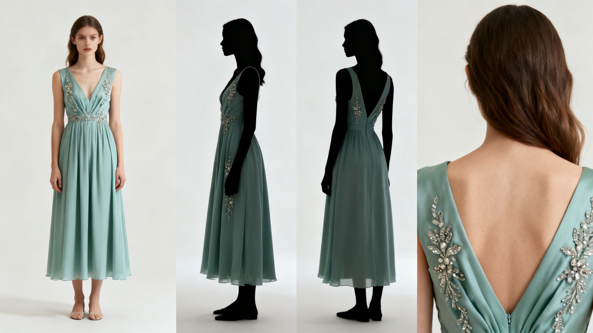 A woman models a teal V-neck midi dress with intricate silver embellishments on the bodice and back.