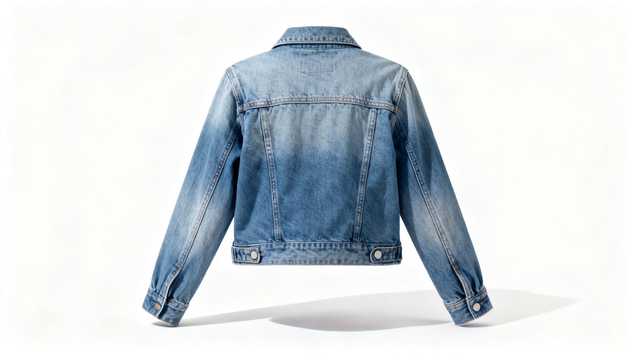 Back view of a classic blue denim jacket with faded details on a white background.