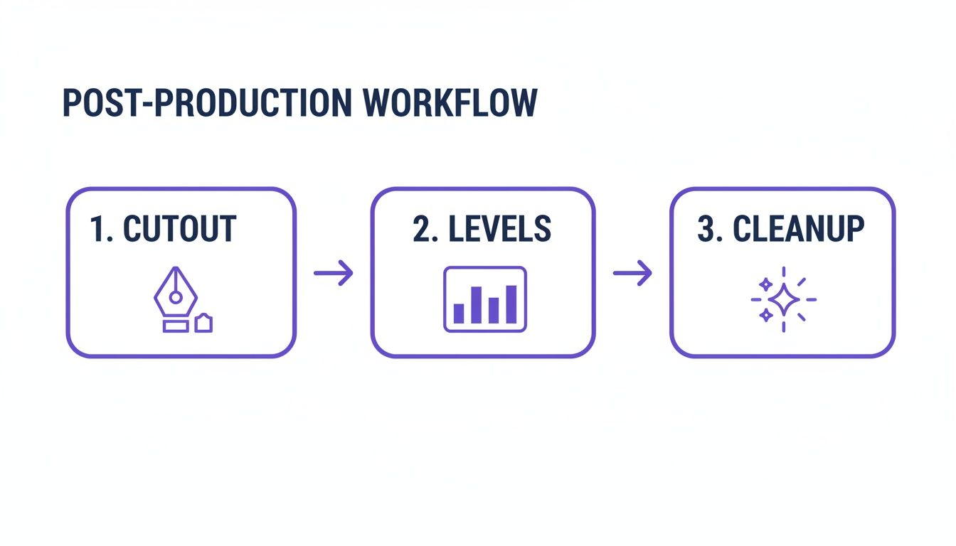 A post-production workflow diagram with three steps: cutout (pen tool), levels (bar graph), and cleanup (sparkle).