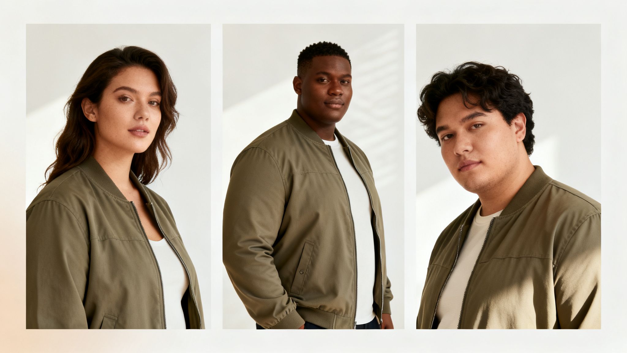 Three diverse models, two men and one woman, showcasing stylish olive green bomber jackets.