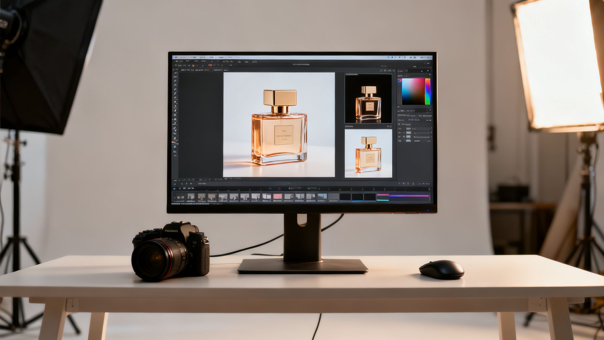 A professional photography studio workspace with a monitor displaying perfume product shots, a camera, and studio lights.