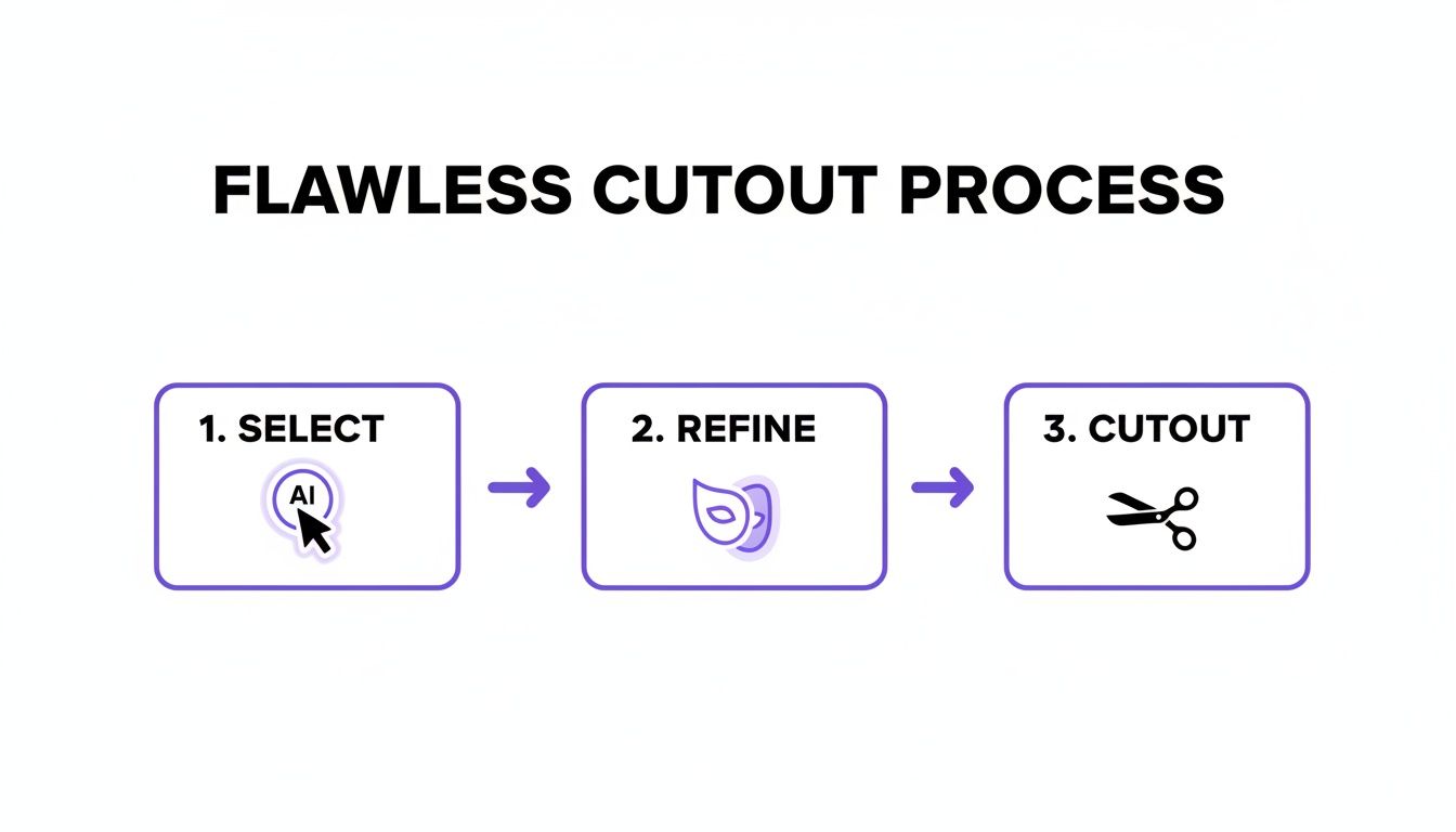 A visual guide to a flawless cutout process, detailing steps: select with AI, refine, and cut out.