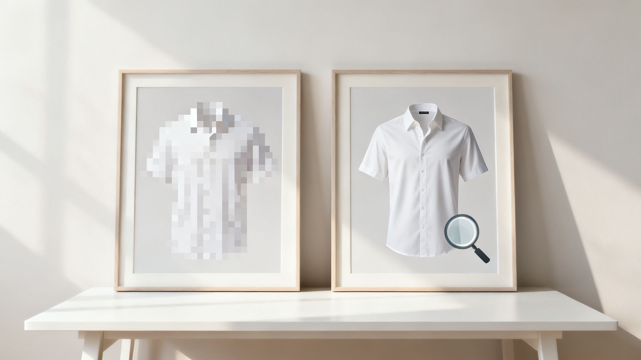 Two framed pictures on a table contrasting a pixelated shirt with a clear detailed one.