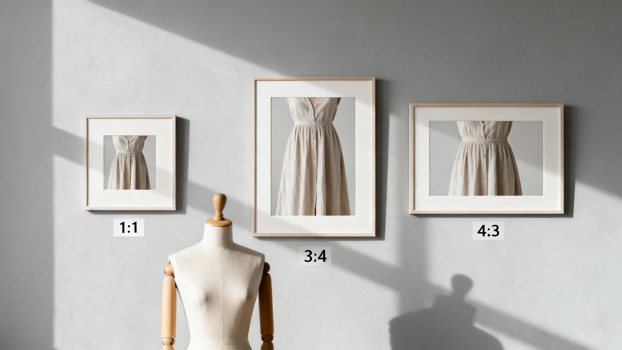 Three framed prints of a linen dress on a mannequin, showcasing different aspect ratios on a gray wall.