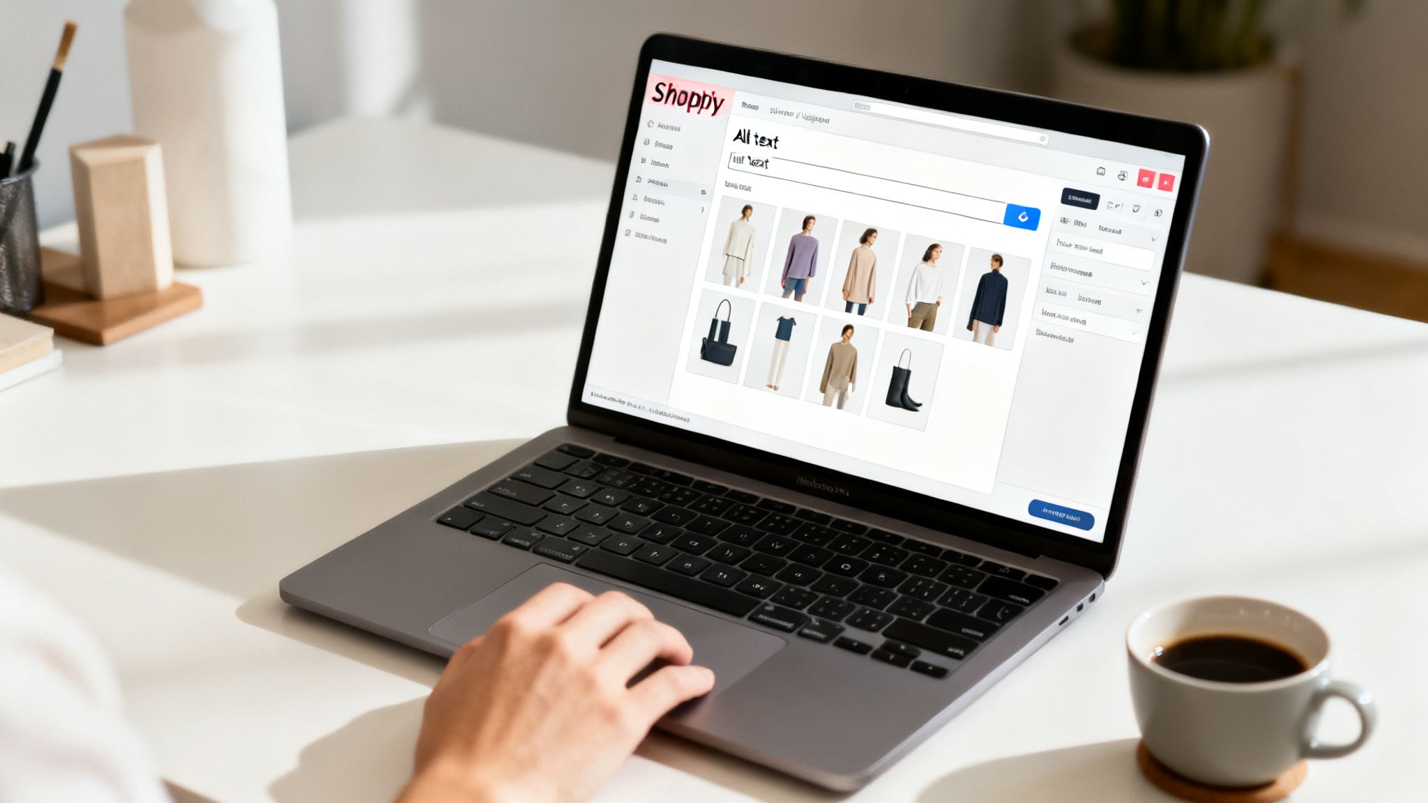 A person uses a laptop displaying a Shopify product image search interface with clothing items.
