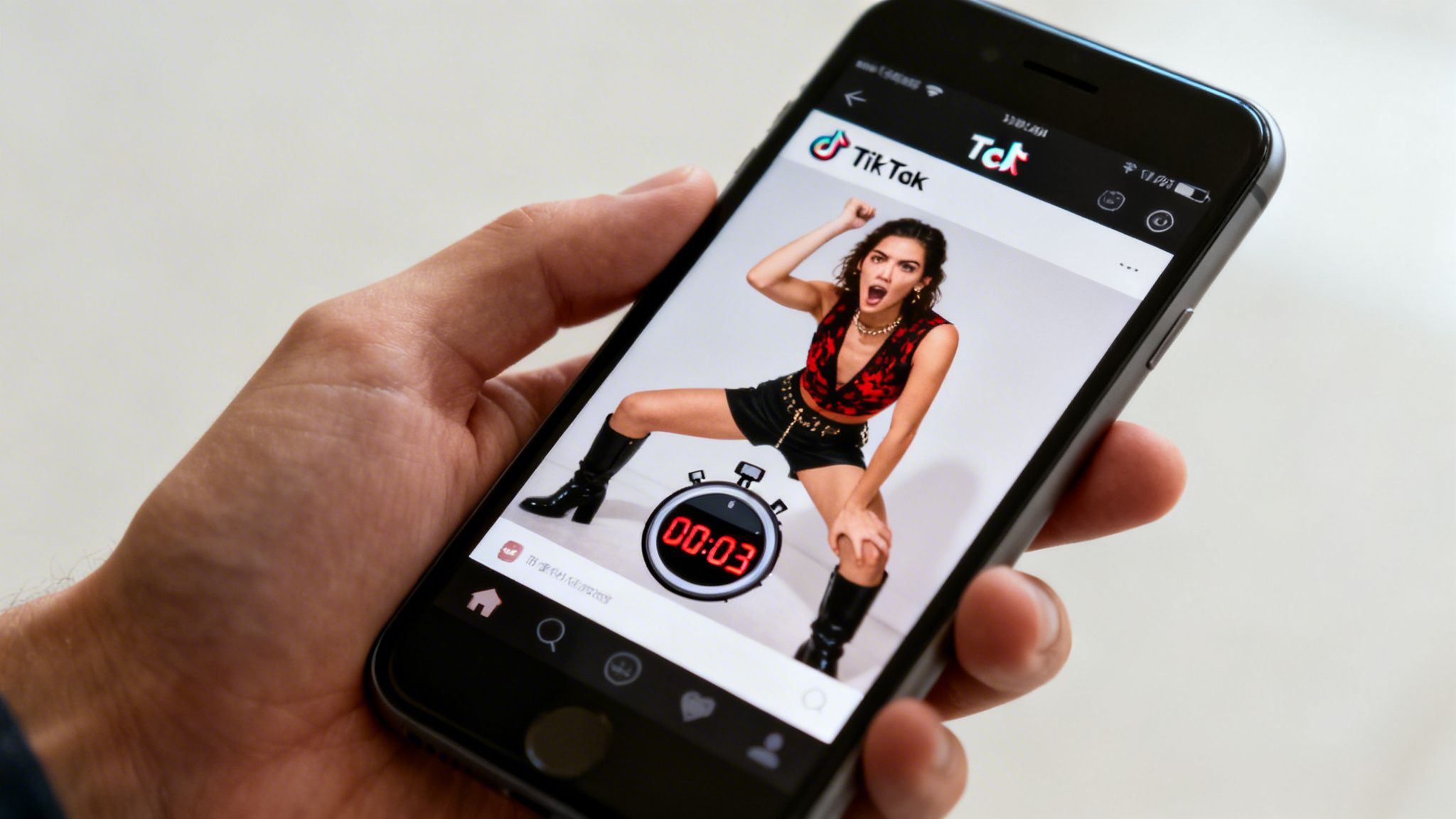 Close-up of a hand holding a smartphone displaying a TikTok video of a woman posing, with a 00:03 timer overlay.