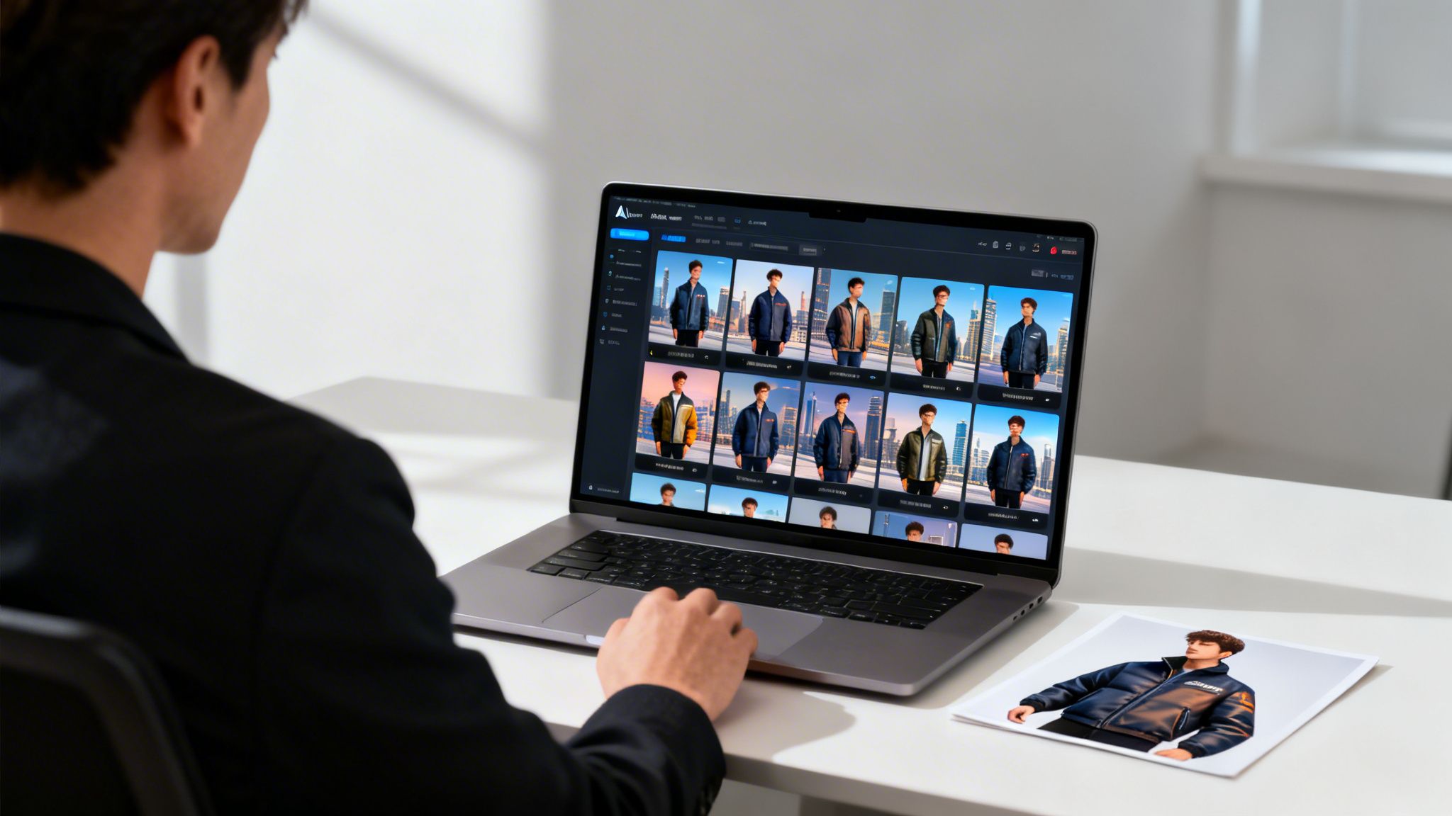 A person views a laptop displaying various digital fashion designs, with a printed photo on the desk.