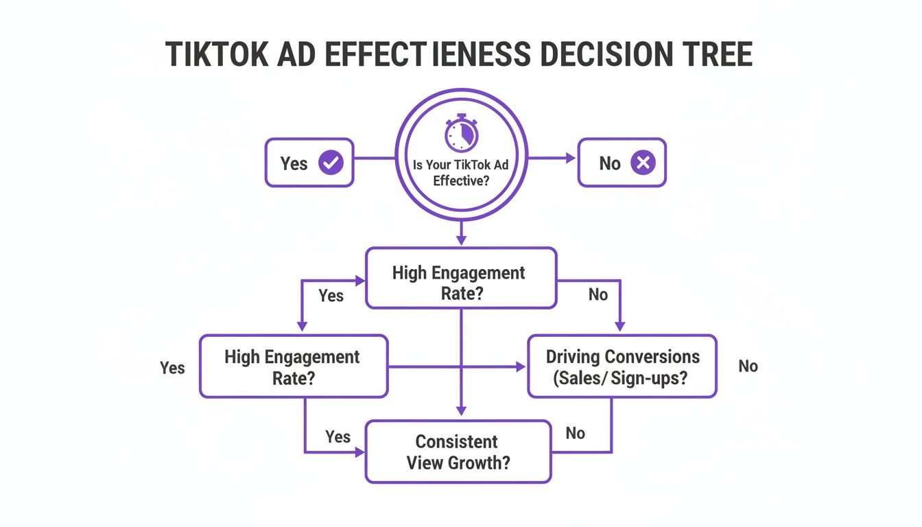 A TikTok ad effectiveness decision tree flowchart, guiding evaluation based on engagement, conversions, and view growth metrics.
