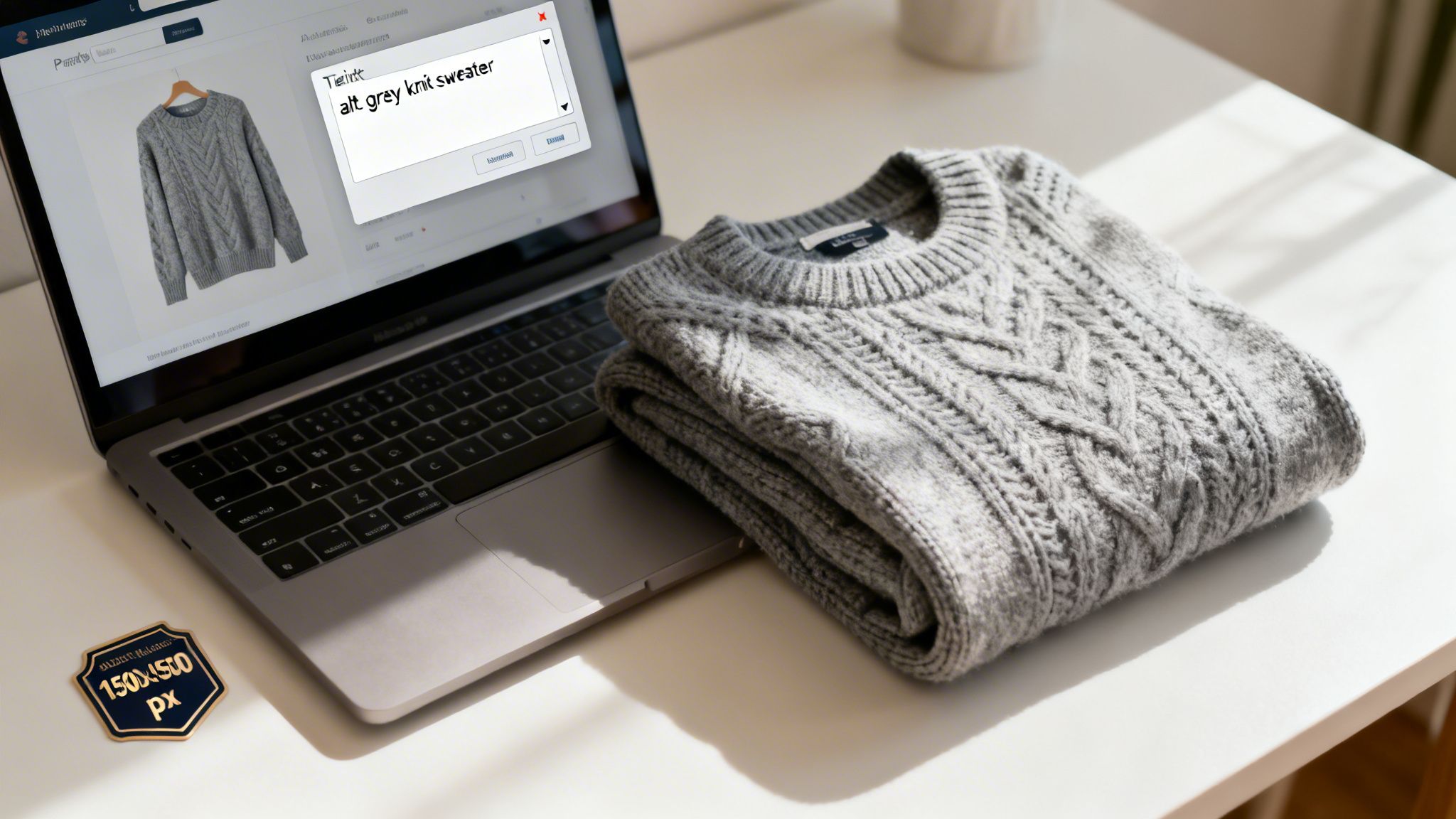 A grey cable-knit sweater displayed on a laptop screen, with another folded on the desk.
