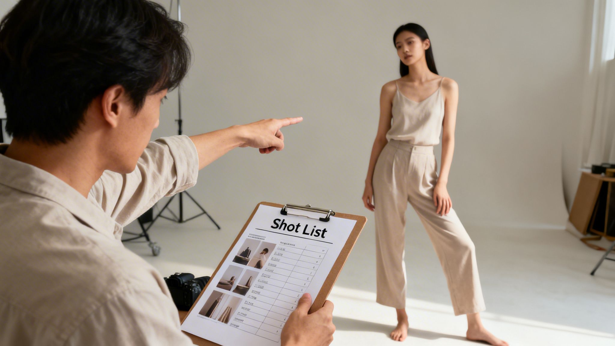 Photographer directs a model in a bright studio, reviewing a shot list for the photoshoot.