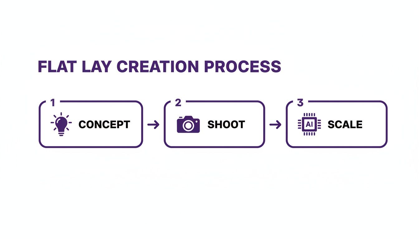 Diagram illustrating the flat lay creation process: Concept (lightbulb), Shoot (camera), and Scale (AI chip).