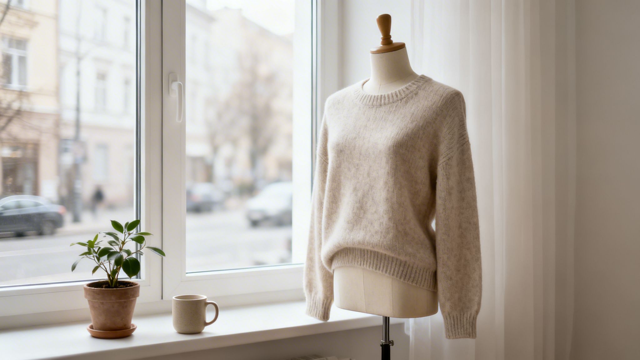 A cozy beige sweater on a mannequin next to a window with a small plant and a mug.
