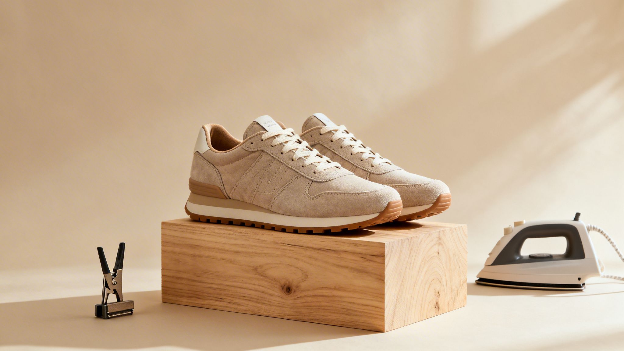 Stylish tan suede sneakers displayed on a wooden block with a clamp and iron nearby.