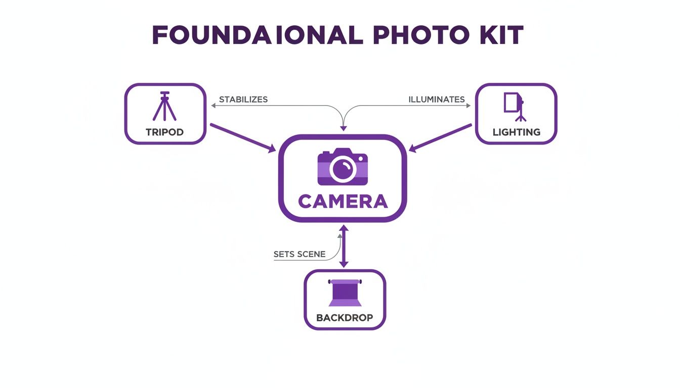 An infographic detailing a foundational photo kit, including camera, tripod, lighting, and backdrop relationships.