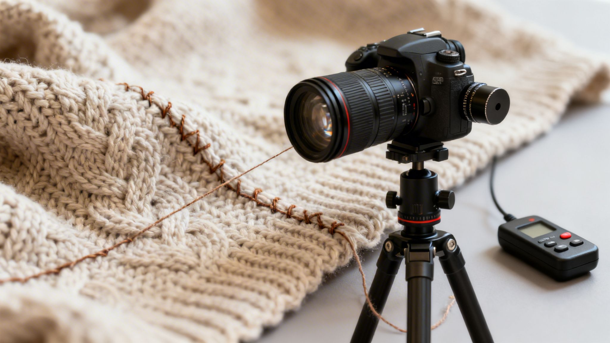 A DSLR camera on a tripod next to a beige knitted sweater, with a remote shutter release.
