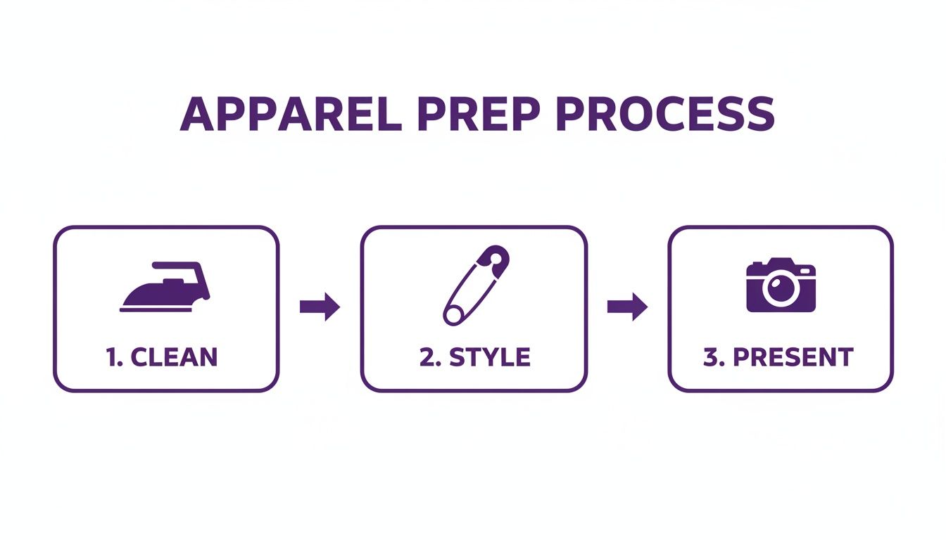 A diagram illustrating the apparel preparation process with three steps: 1. Clean (iron), 2. Style (safety pin), 3. Present (camera).