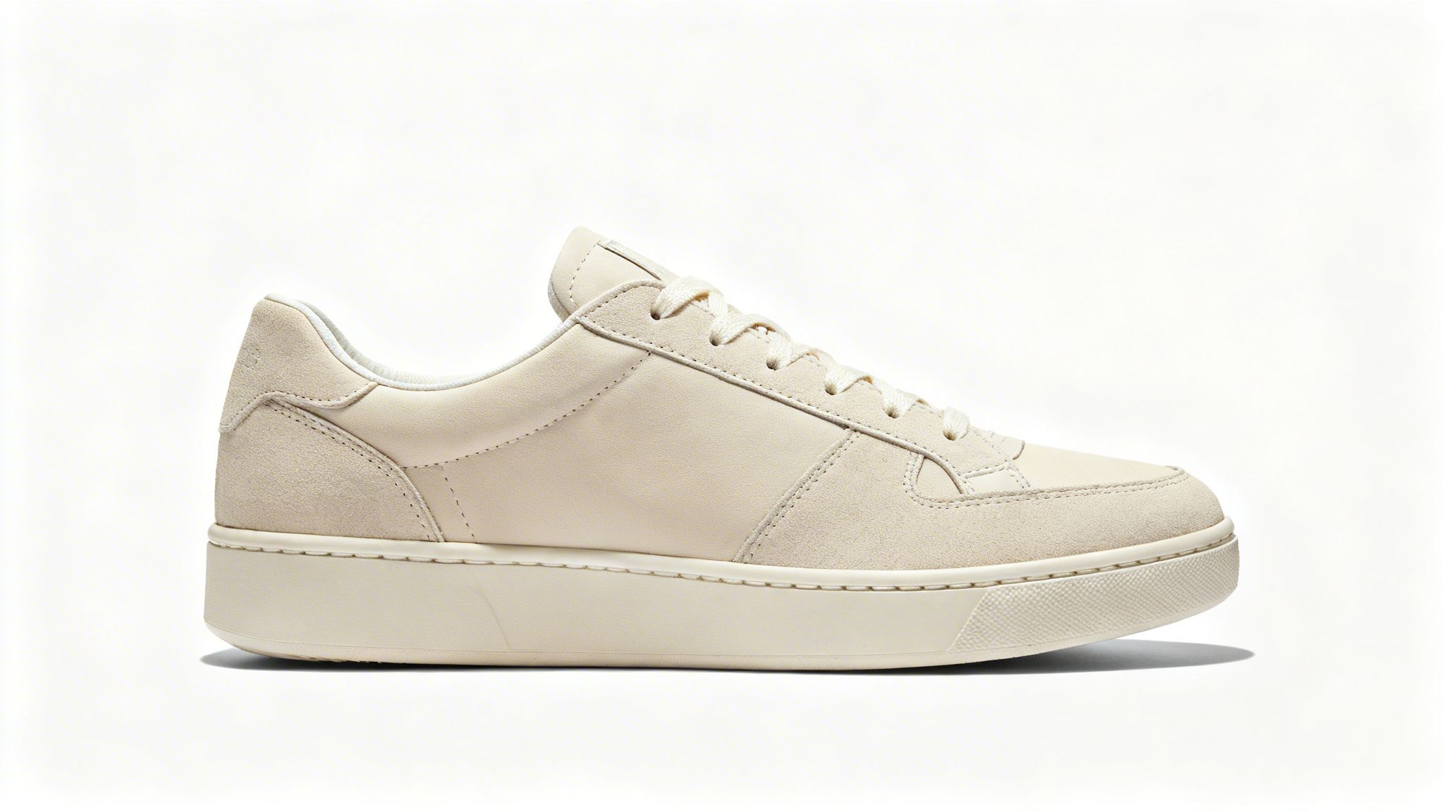 A single cream-colored low-top sneaker with laces displayed on a clean white background.