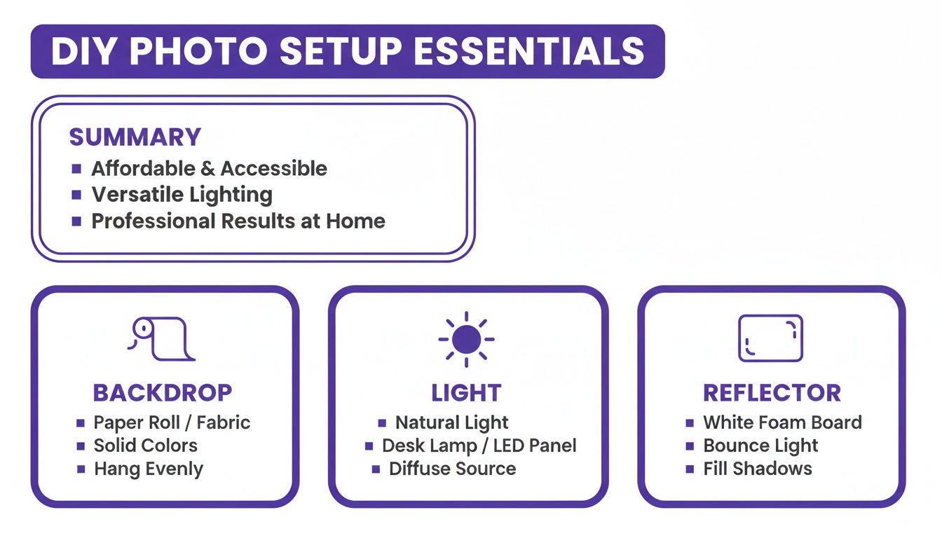 Infographic outlining DIY photo setup essentials, detailing tips for backdrop, light, and reflector to achieve professional results.
