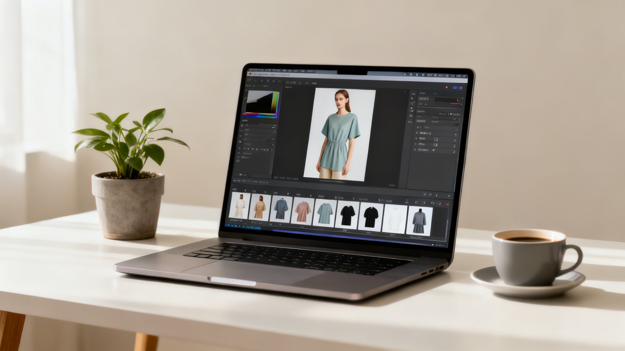 A laptop on a white desk displays product photo editing software with a model wearing a green top. A plant and coffee are nearby.