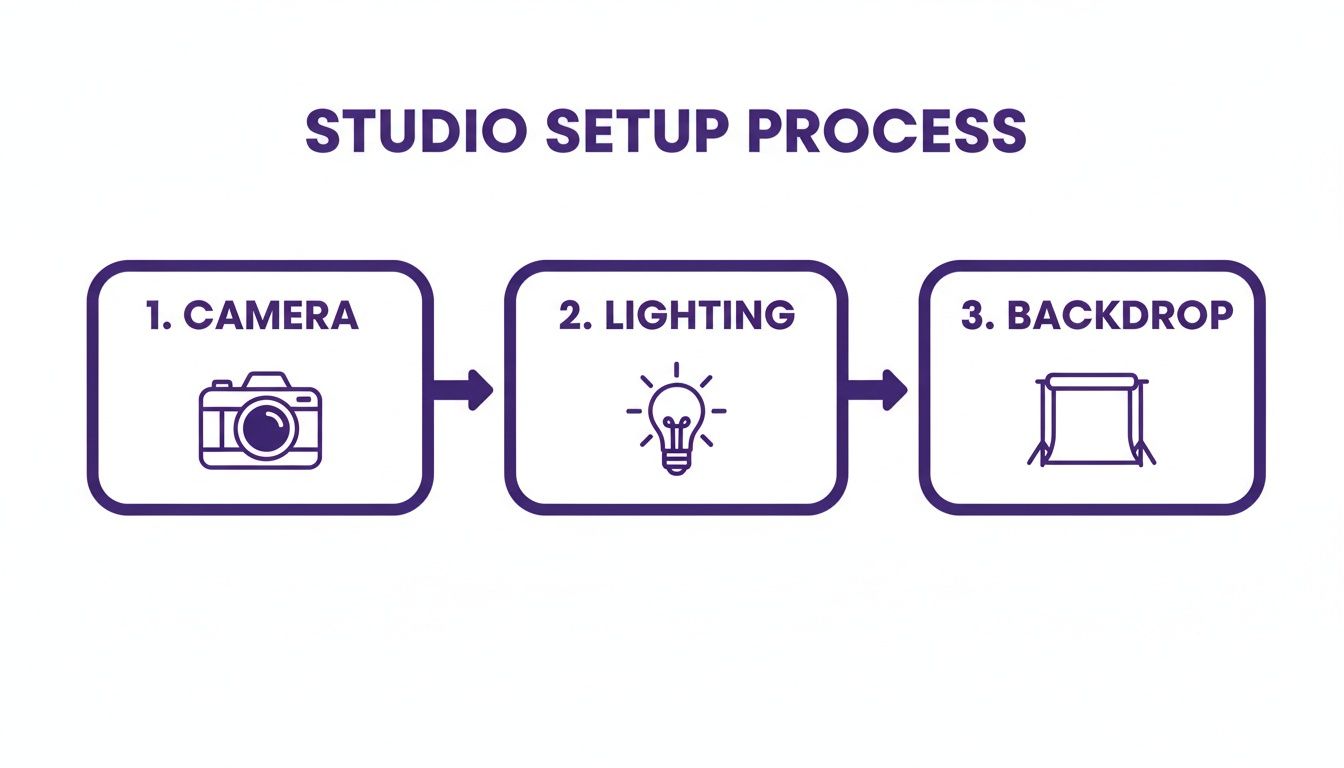 A diagram illustrating the studio setup process with three steps: Camera, Lighting, and Backdrop.