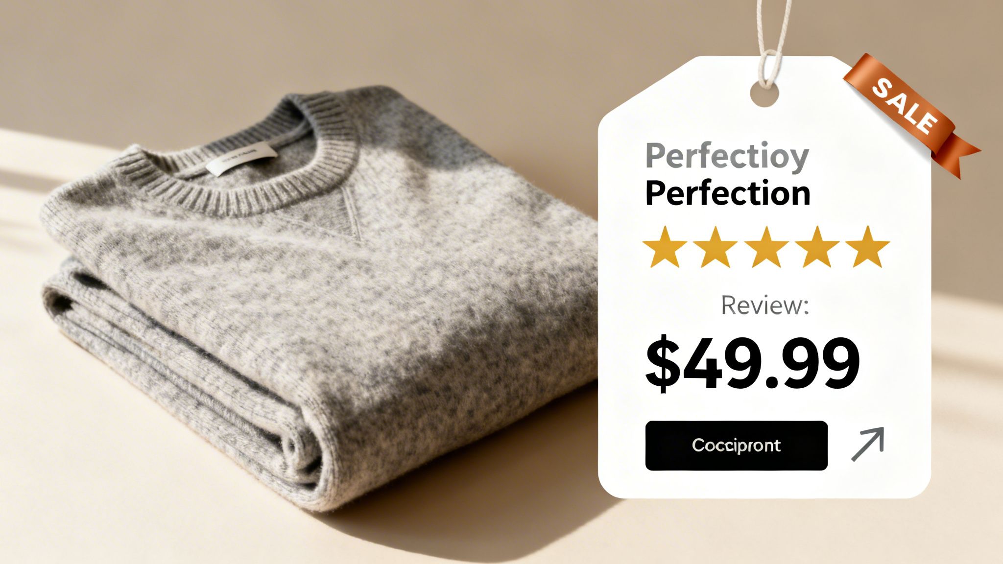A neatly folded grey sweater with a price tag showing 'Perfection', a 5-star rating, and a sale price of $49.99.