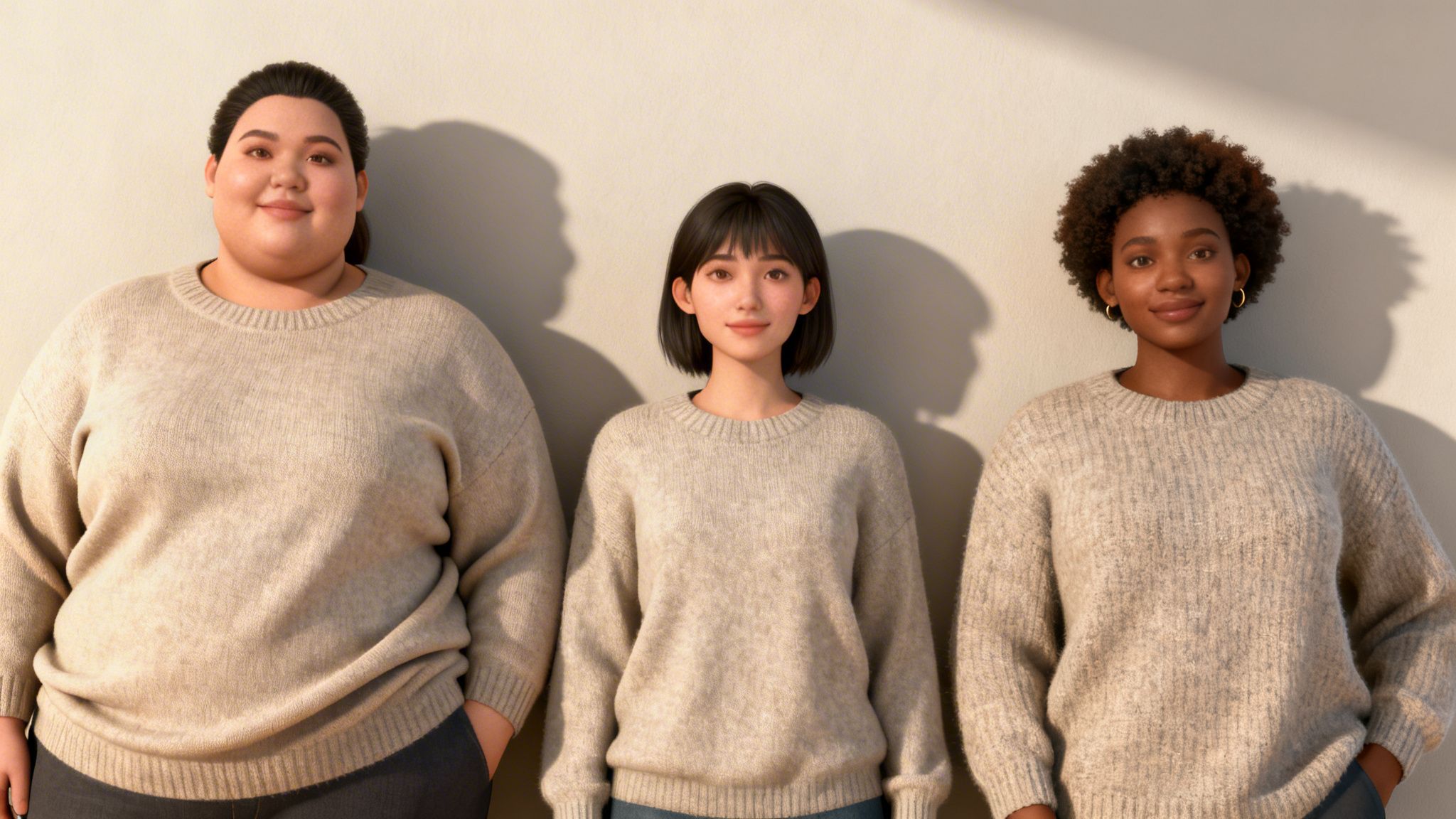 Three diverse women, including one plus-size, one Asian, and one Black, wearing sweaters and smiling.