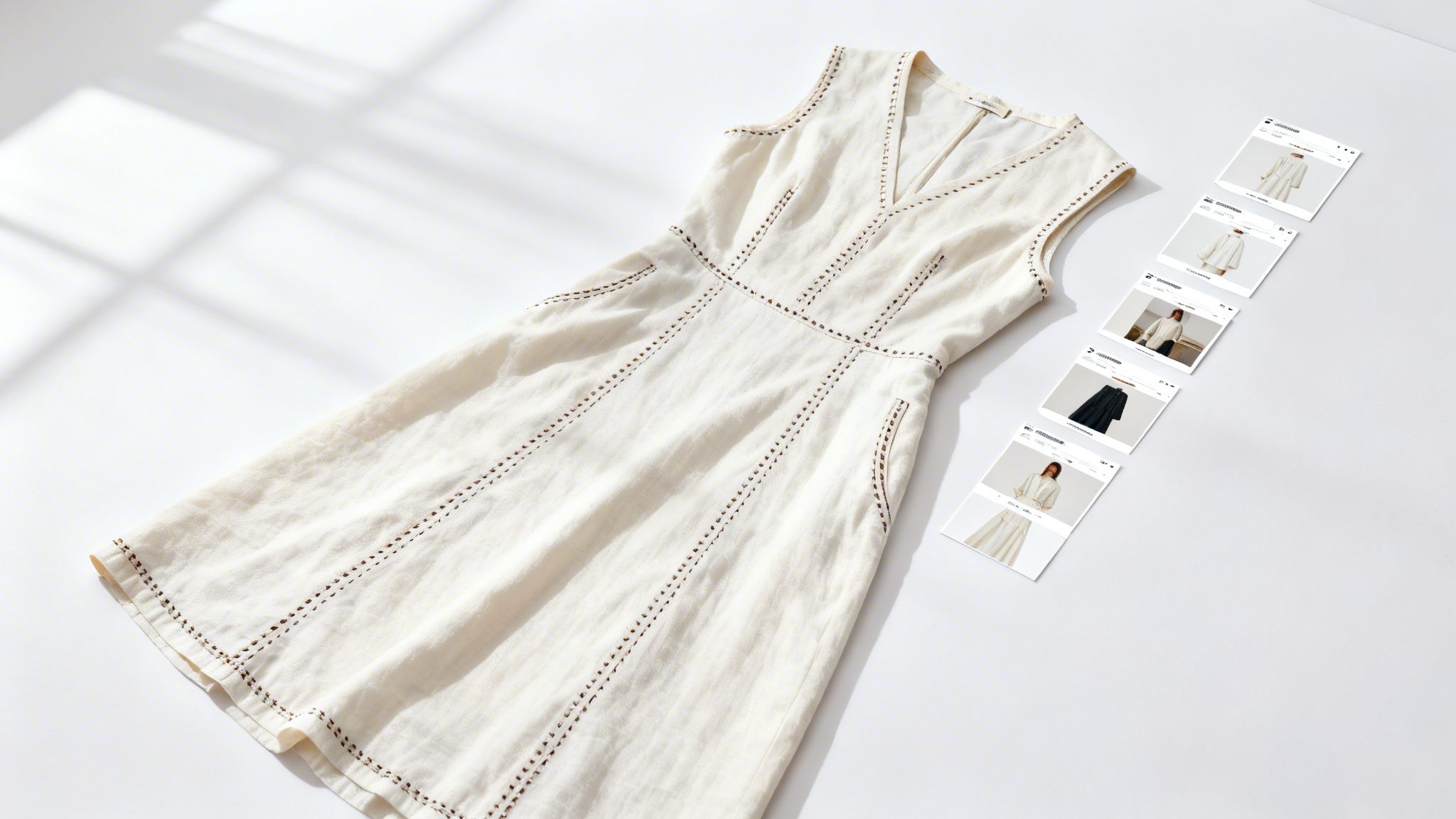 A cream linen dress with intricate brown stitching, laid flat, next to small fashion product photos.