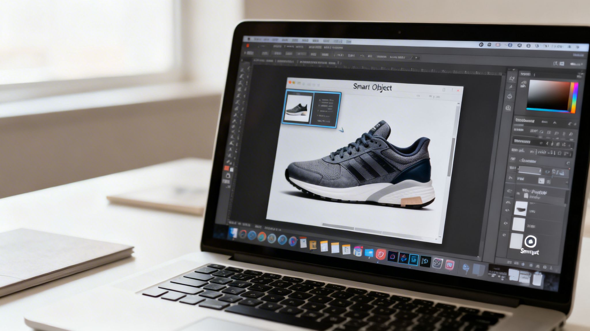 Close-up of a laptop screen showing Photoshop editing an Adidas running shoe.