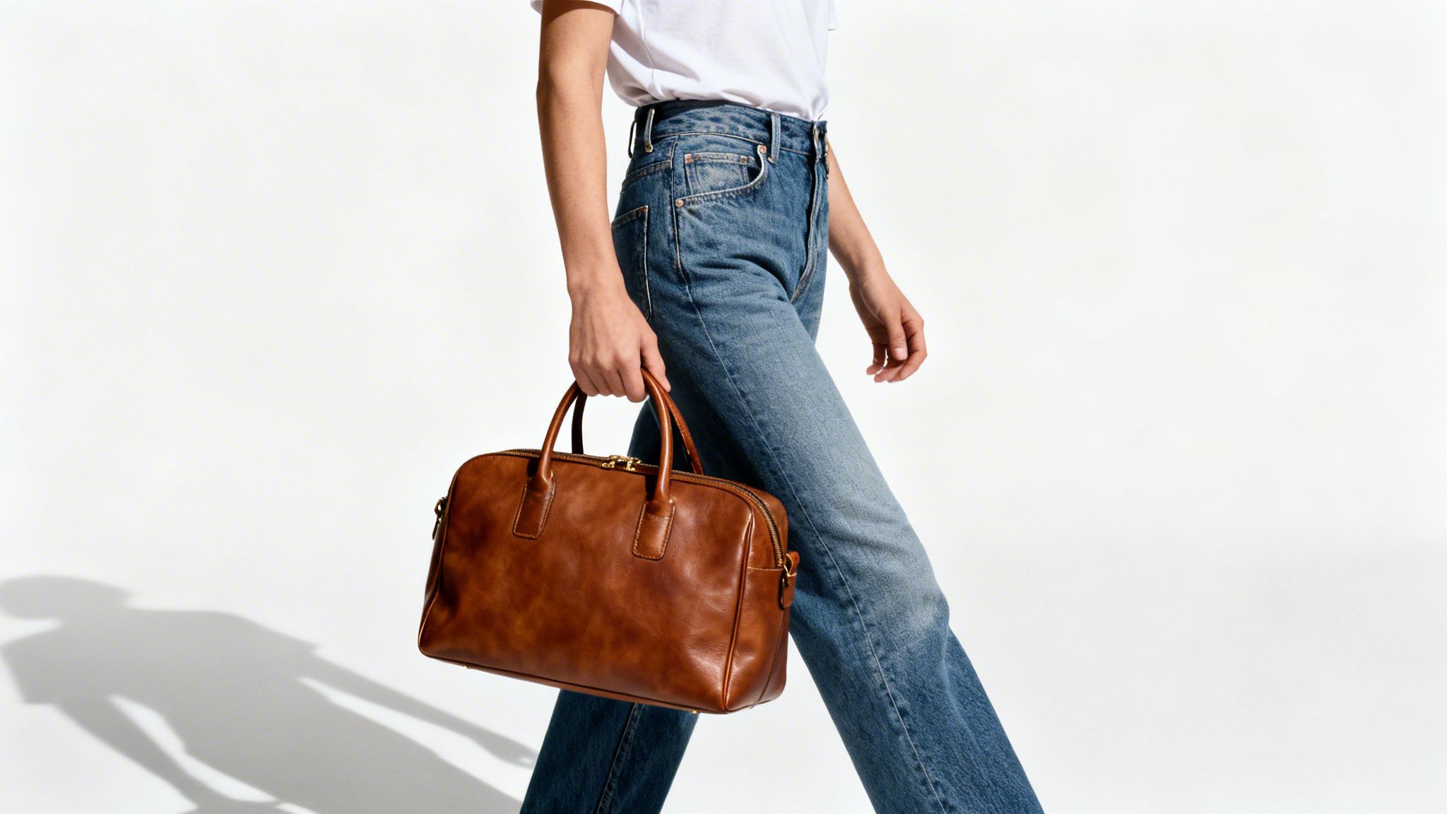 A person in a white t-shirt and blue jeans holds a stylish brown leather bag.