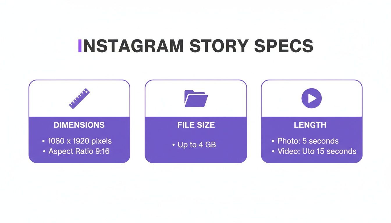 Instagram Story specifications infographic showing dimensions, file size, and length requirements for uploads.