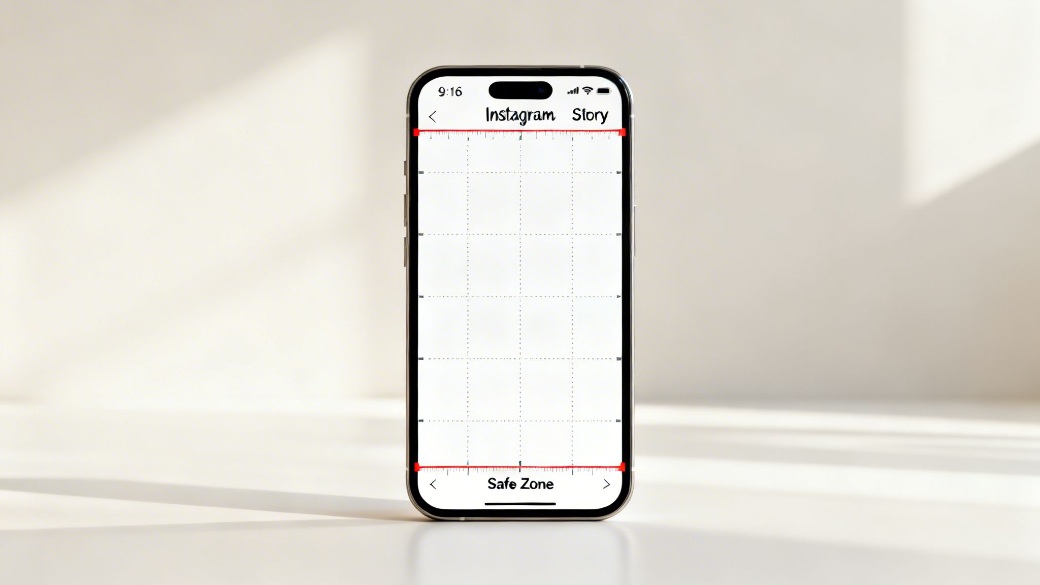 A smartphone screen displaying an Instagram Story template with a red safe zone guideline.