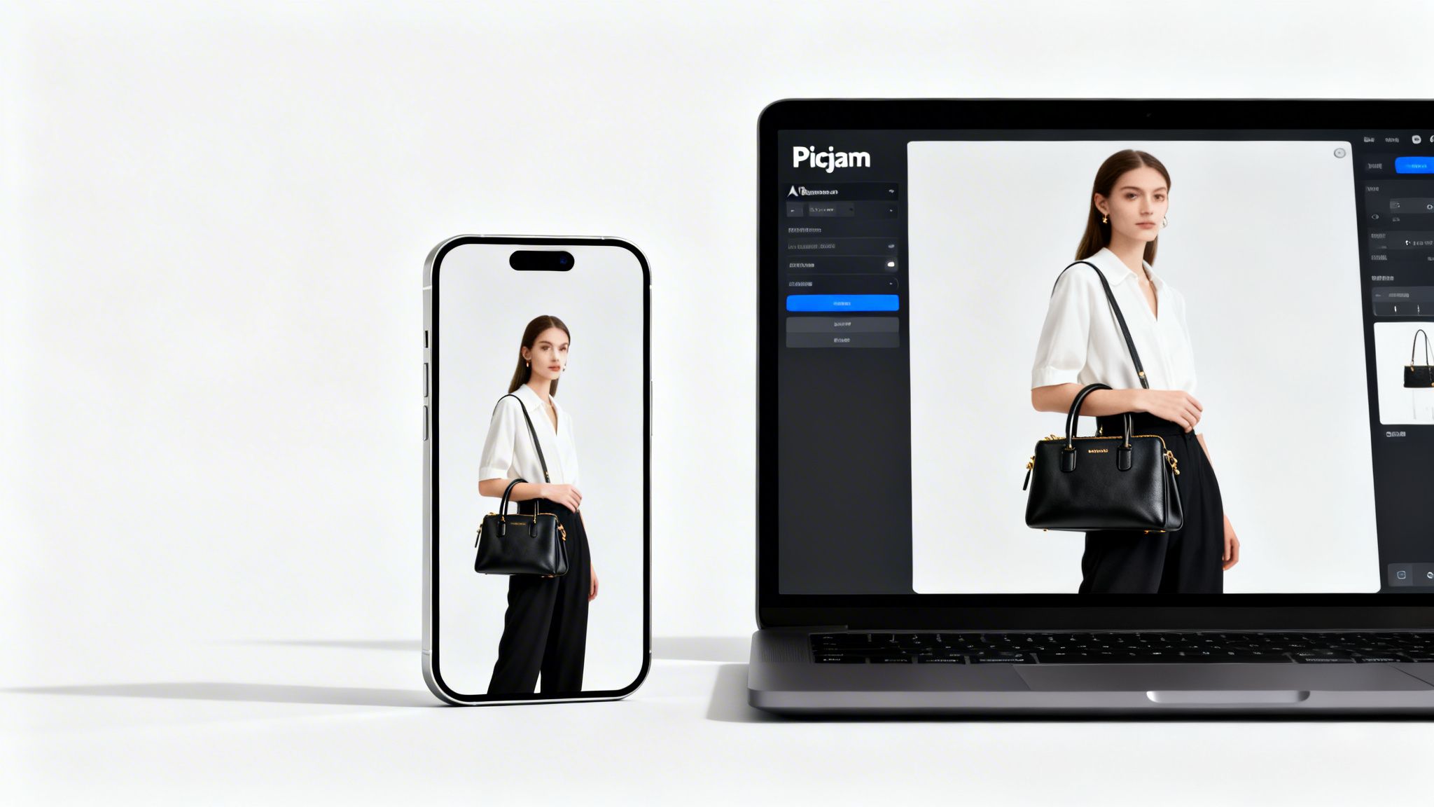 A laptop and a smartphone displaying a woman holding a black handbag, showcasing a photo editing interface.
