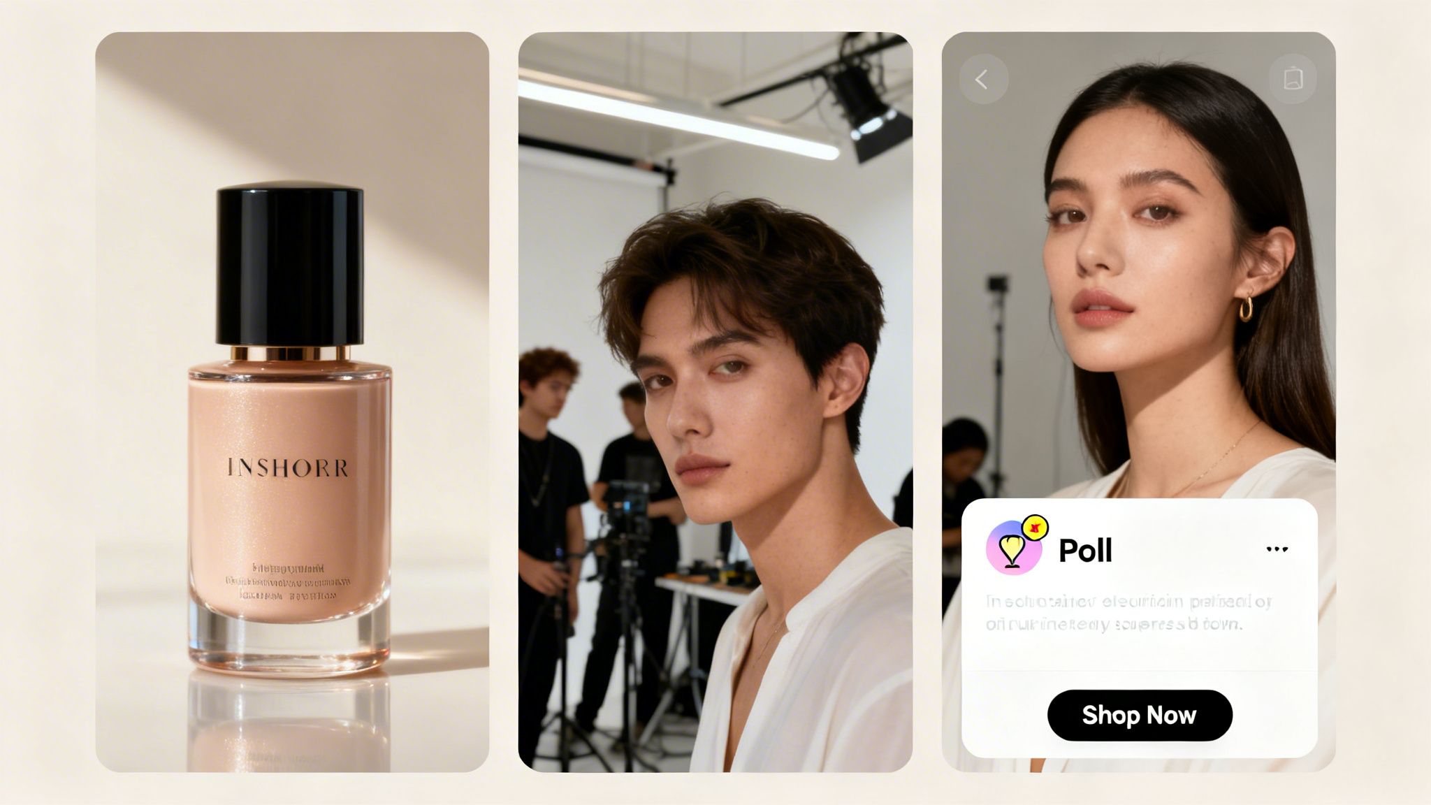 Three vertical panels featuring a beauty product bottle, a male model photoshoot, and a female model with a 'Shop Now' button.