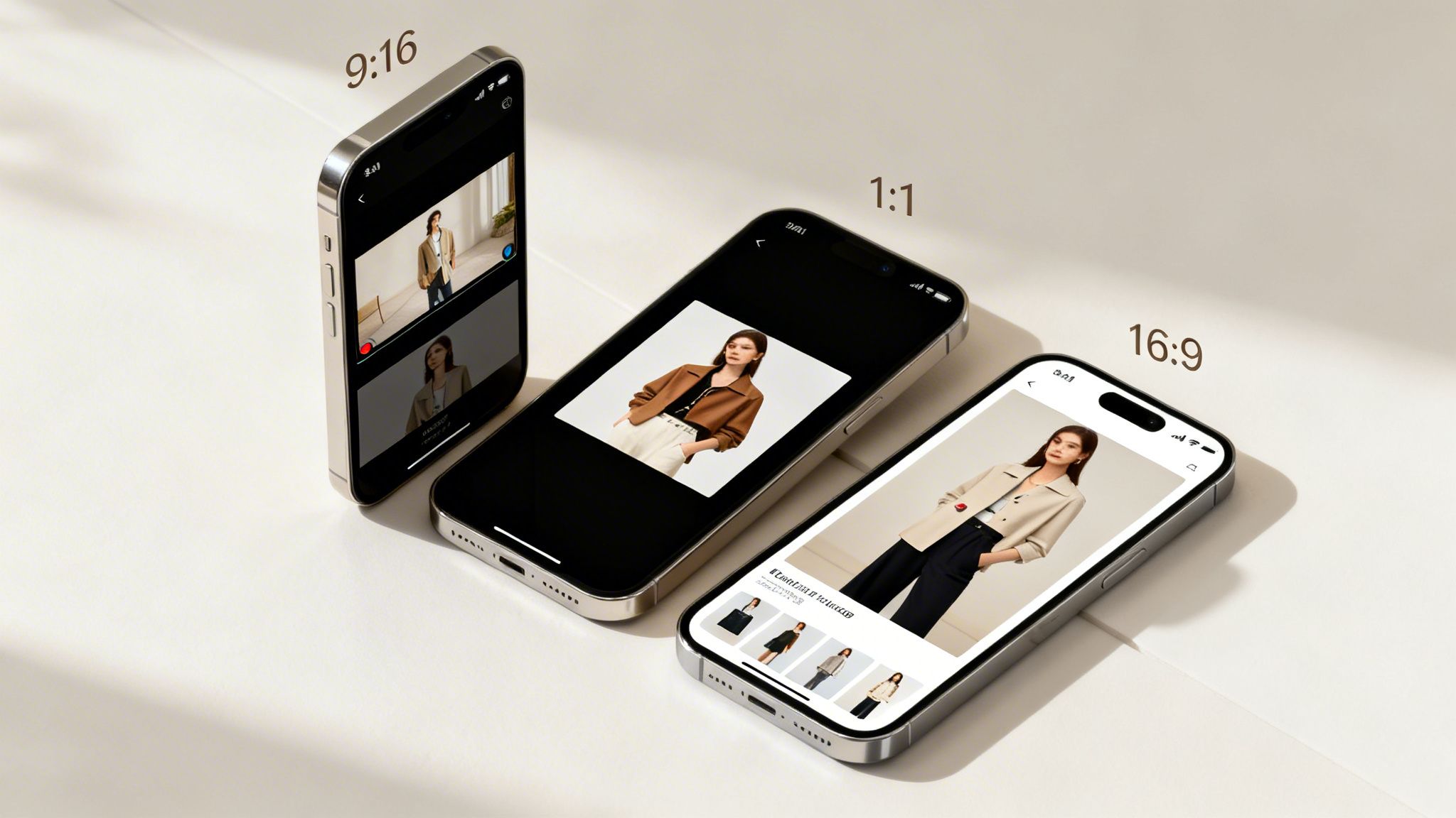 Smartphones display fashion content optimized for 9:16, 1:1, and 16:9 aspect ratios.