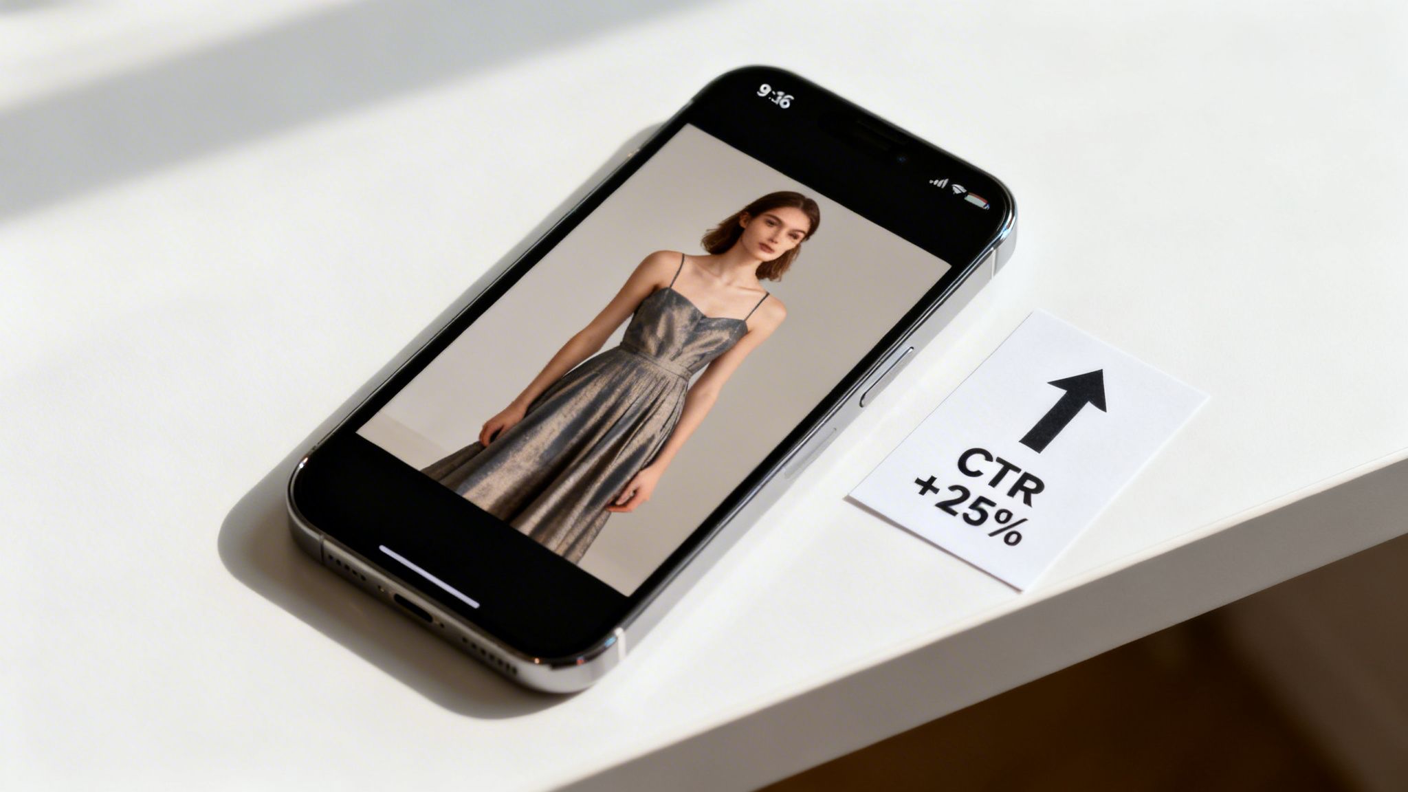 Smartphone displaying a model in an elegant dress, next to a card indicating a +25% CTR increase.
