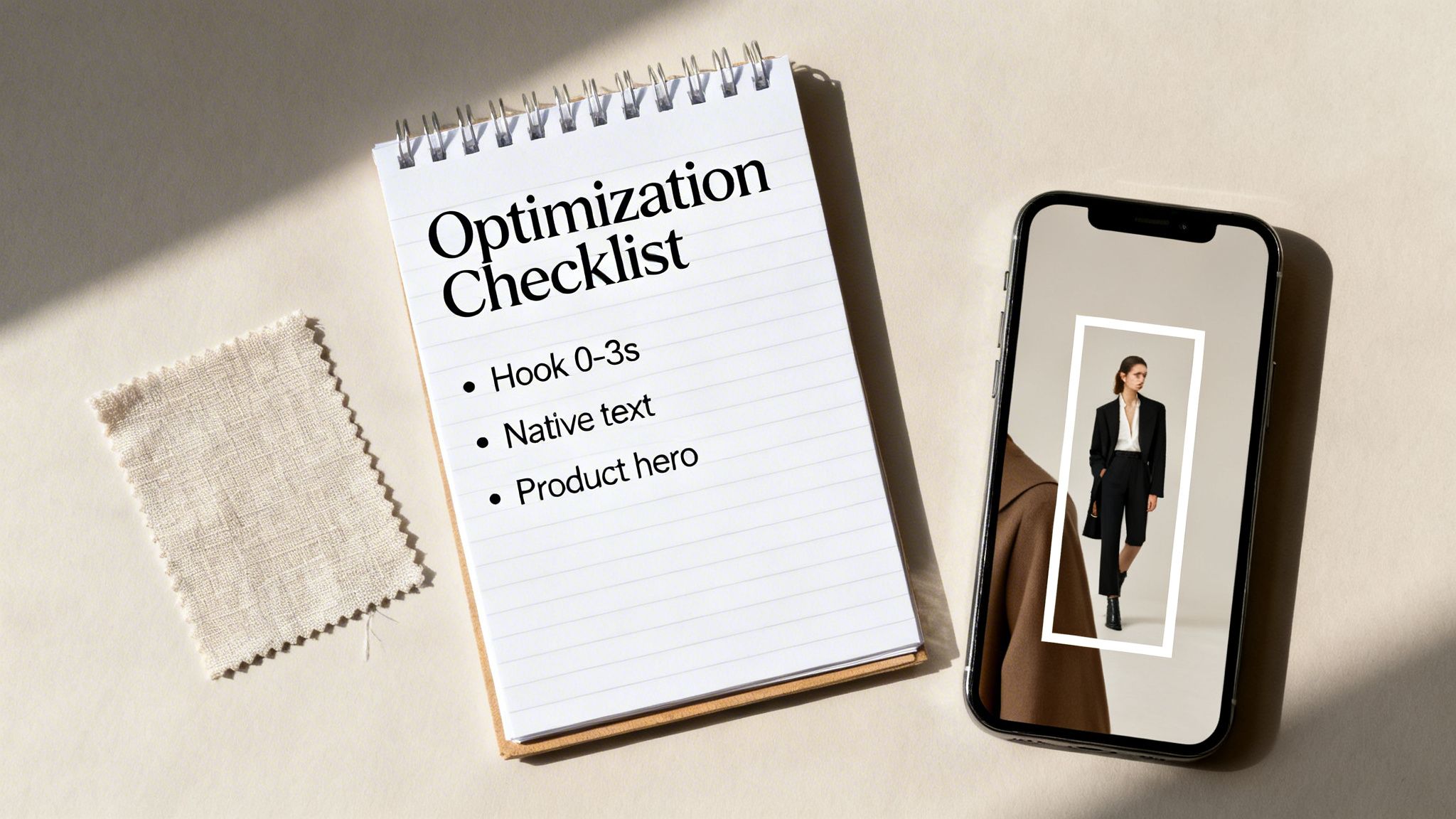 A flat lay shows a notepad with an 'Optimization Checklist', a fabric swatch, and a smartphone displaying a fashion model.