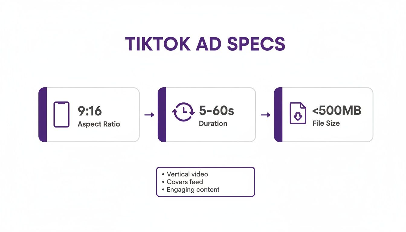 An infographic detailing TikTok ad specifications, including 9:16 aspect ratio, 5-60 seconds duration, and less than 500MB file size.