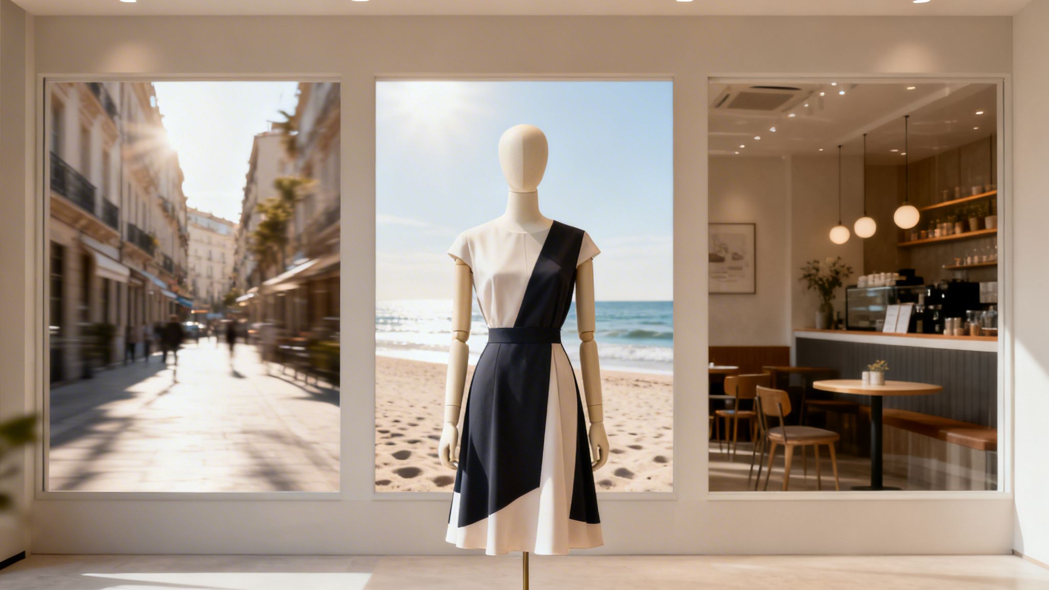 Interior view of a modern shop window showcasing a street, a beach with a mannequin, and a cafe.