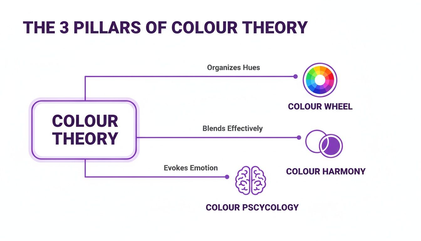 Infographic outlining the three pillars of colour theory: colour wheel, colour harmony, and colour psychology.