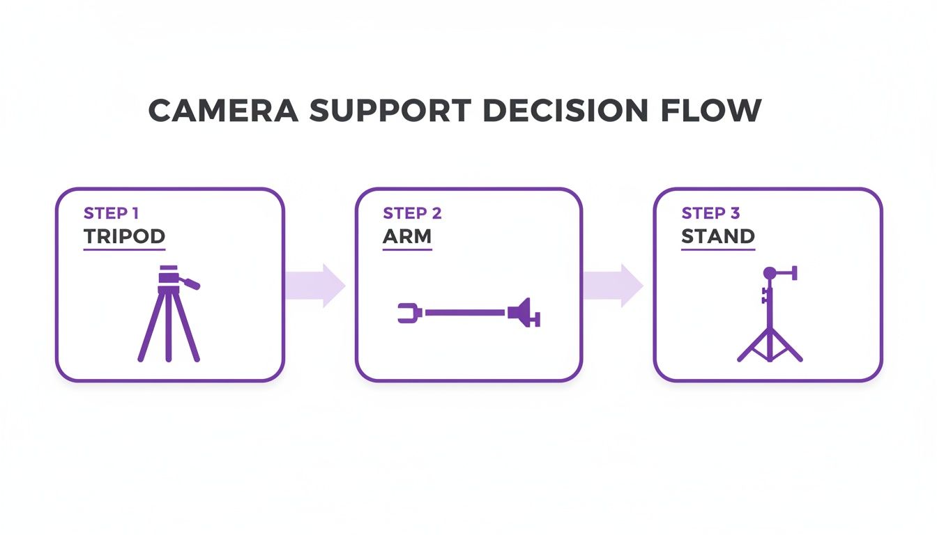 A camera support decision flow diagram, illustrating steps for using a tripod, arm, and stand.